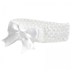 Baby Girls White Crochet Headband with White Satin Bow